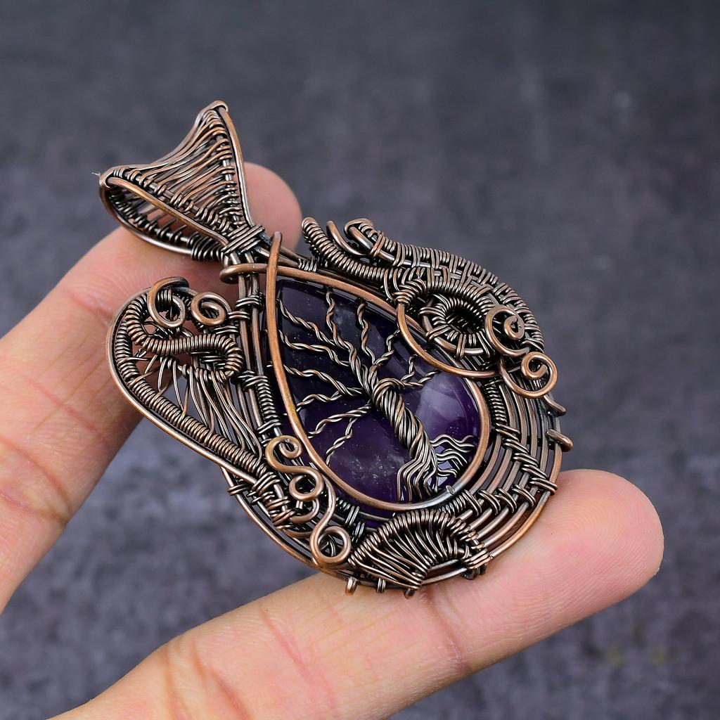 Natural Sage Amethyst Handmade Copper Wire Wrap Tree Of Life Pendant 2.64" z6C14