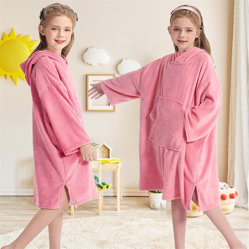 Children's Warm Coral Fleece Hooded Bathrobe for Surfing and Swimming