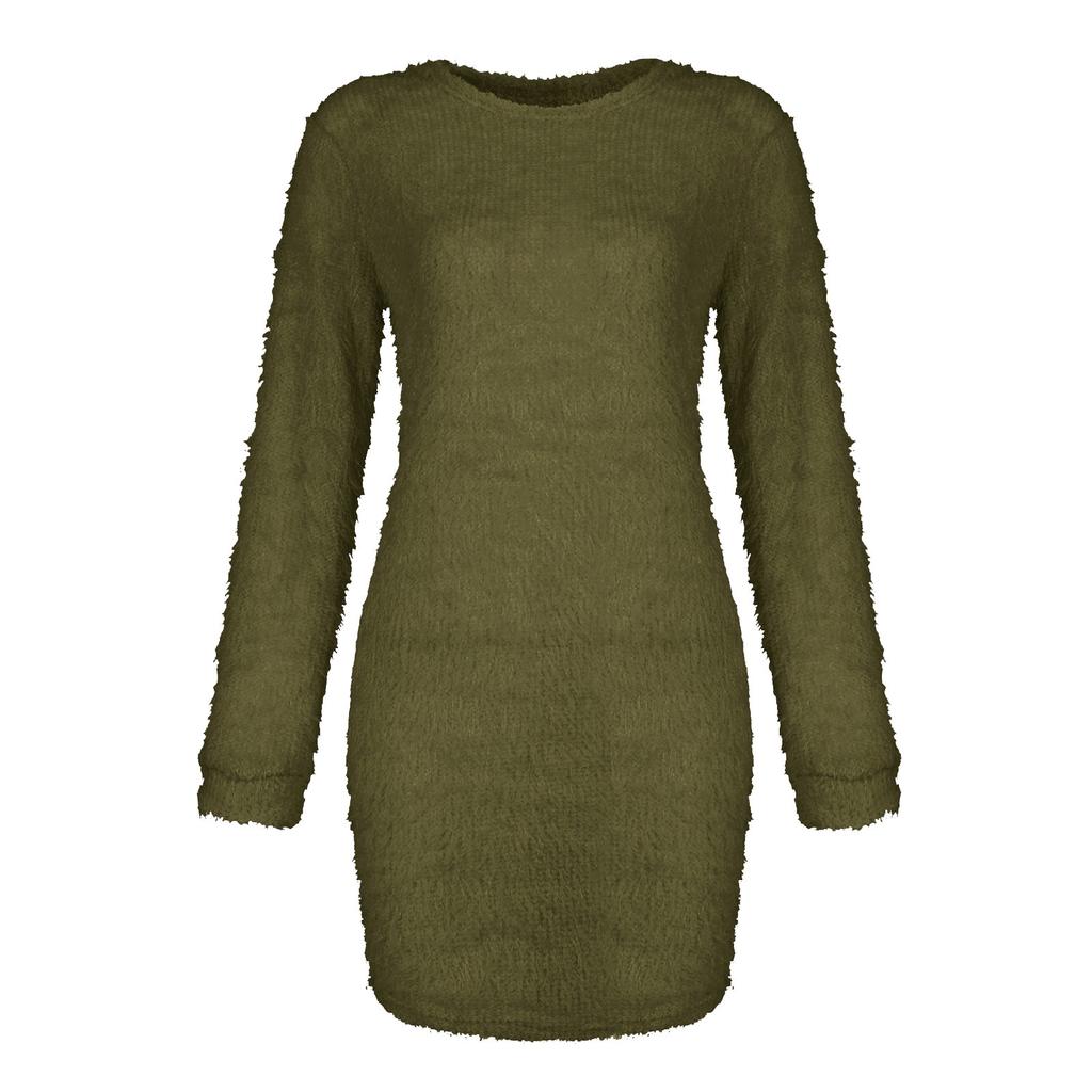 Fashion Women's Solid Color Round Neck Long Sleeve Loose Plush Dress Sweater Dress