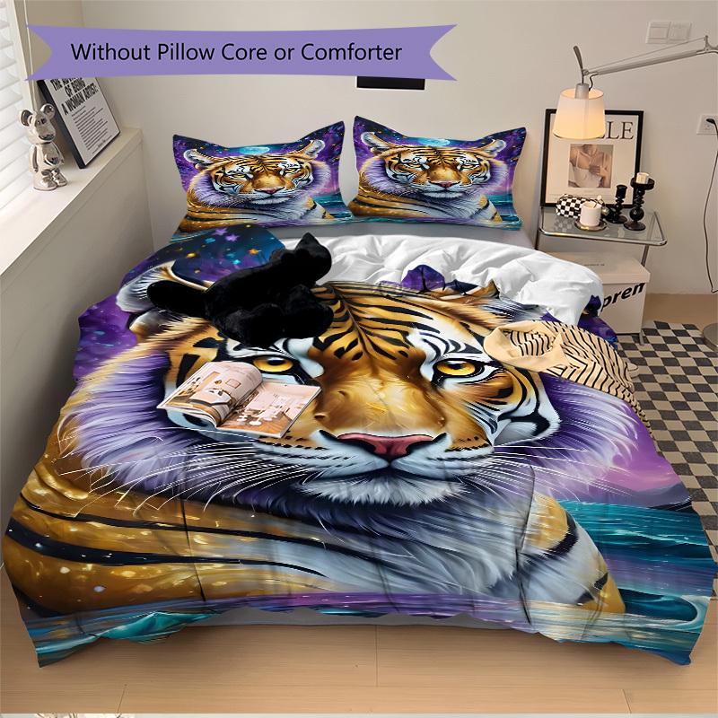 3pcs Tiger Moon Night Print Duvet Cover Set - Includes 1 Duvet Cover and 2 Pillowcases, No Quilt Core, All-Season Home Decor yy251111015