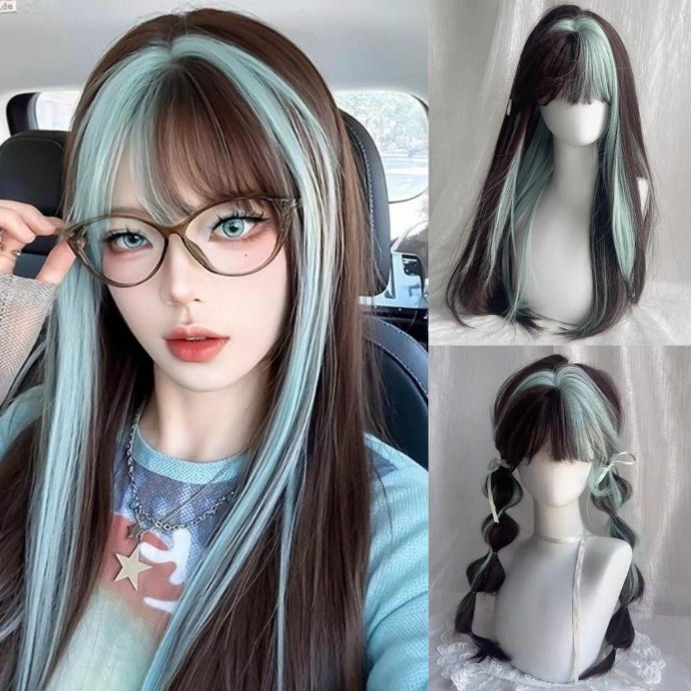 Cosplay Ombre Mint Green Brown Hair Fluffy Long Straight Wig with Bangs  Halloween