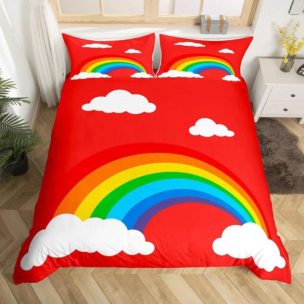 3D Rainbow Cloud Print Duvet Cover Set, Soft Microfiber Cute Cartoon Unicorn Bedding Set With Pillowcases