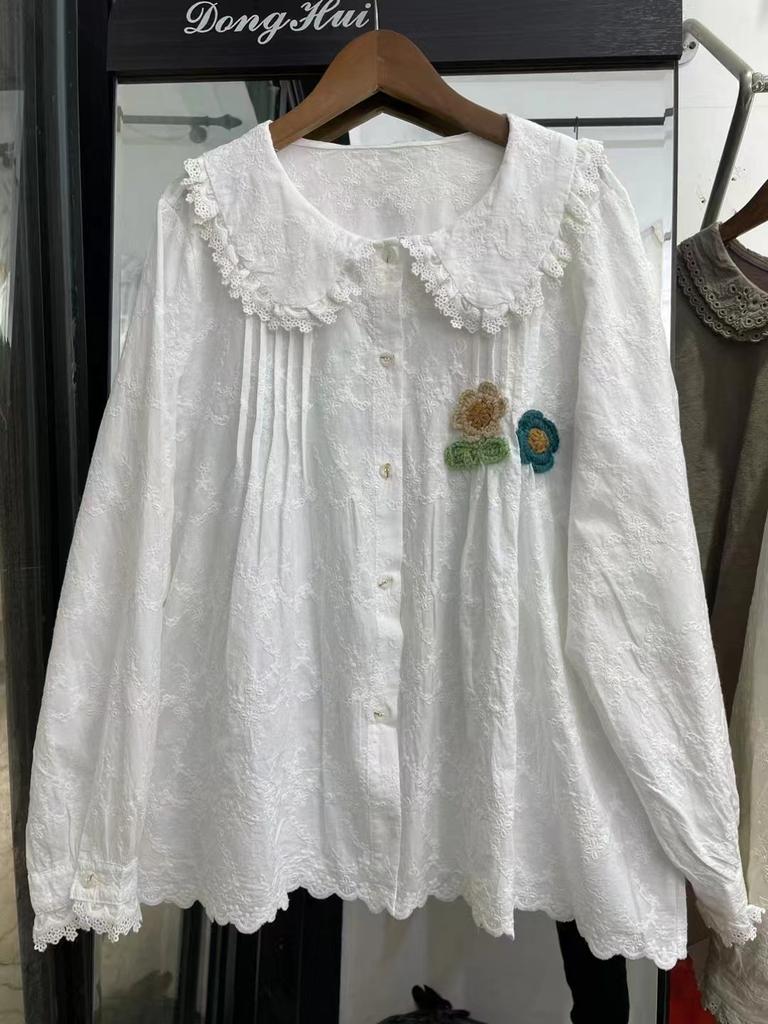 1116 Spring New Women's Lapel Japanese Cotton and Linen Shirt Loose Shirt Embroidered Mori Women's Long Sleeve Top