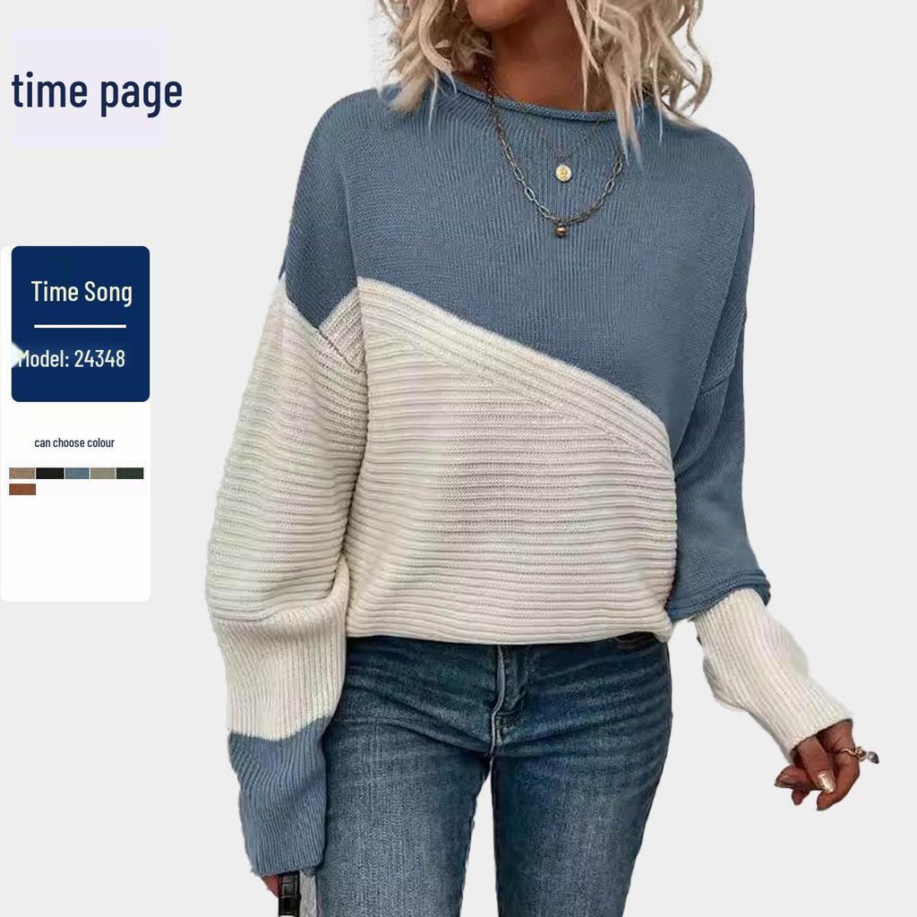 Color Block Loose Knit Sweater - Women's Casual Long Sleeve Round Neck Top