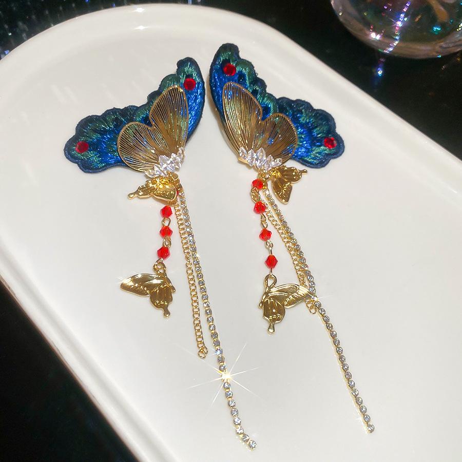 Silver Needle Fabric Flower Glass Fringed Earrings Medium Antique Temperament Stud Earrings Design Sense Niche Earrings