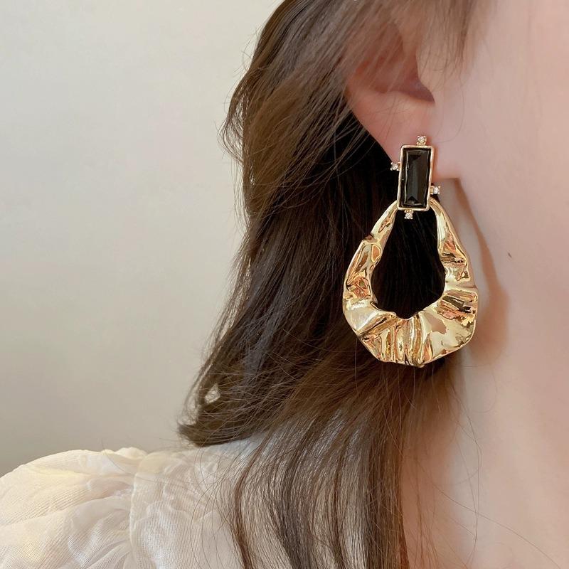 Exaggerated Irregular Gold Color Stainless Steel Fold Drop Dangle Earrings for Women Temperament Inlay Crystal Stud Jewelry Gift