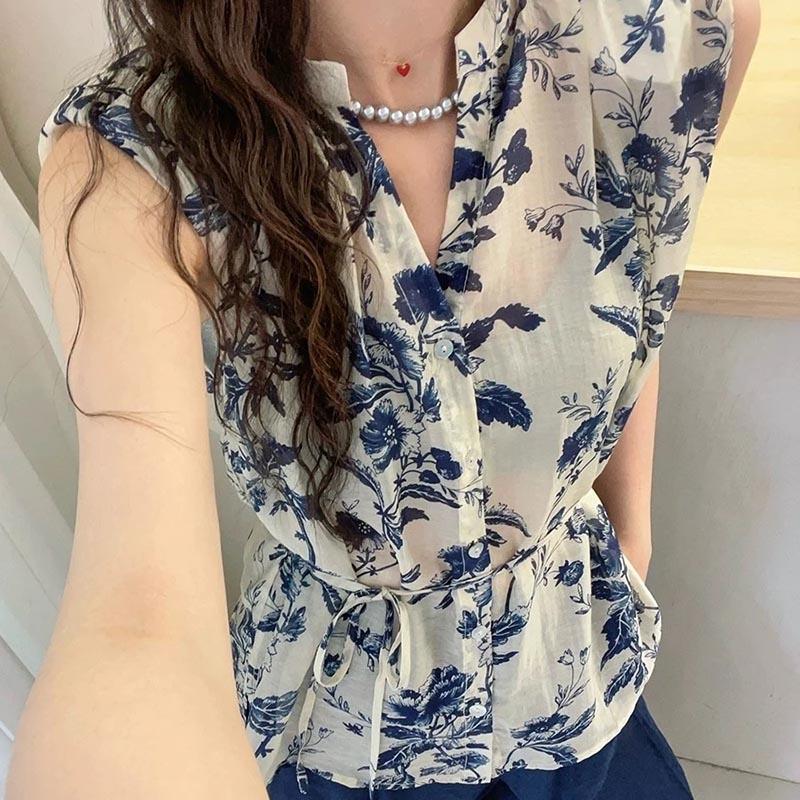 Canvas Vest Camisole Women Summer Vintage Print Thin Sleeveless V-neck Shirt Jacket