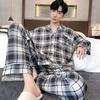 Spring Cotton Plaid Pajama Set for Men Long Sleeve Cardigan Trousers Homewear Loungewear Homme