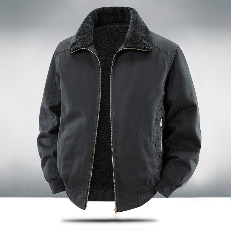 Men's Winter Plus Velvet Warm Cotton Workwear Jacket with Lapel for Cold Protection