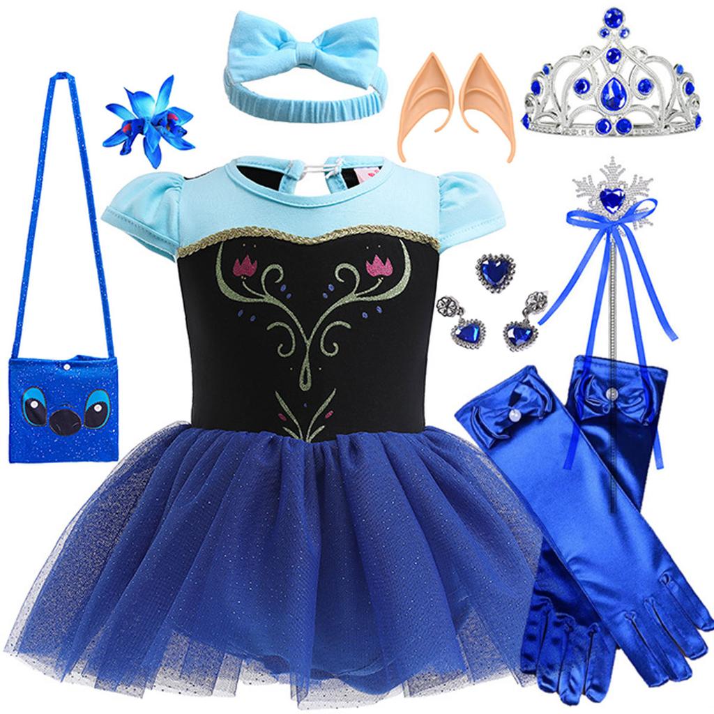 Summer Cool Swimsuit Infant and Toddler Cosplay Anna Princess Dress + Headband + Crown Necklace Gloves Accessories Set
