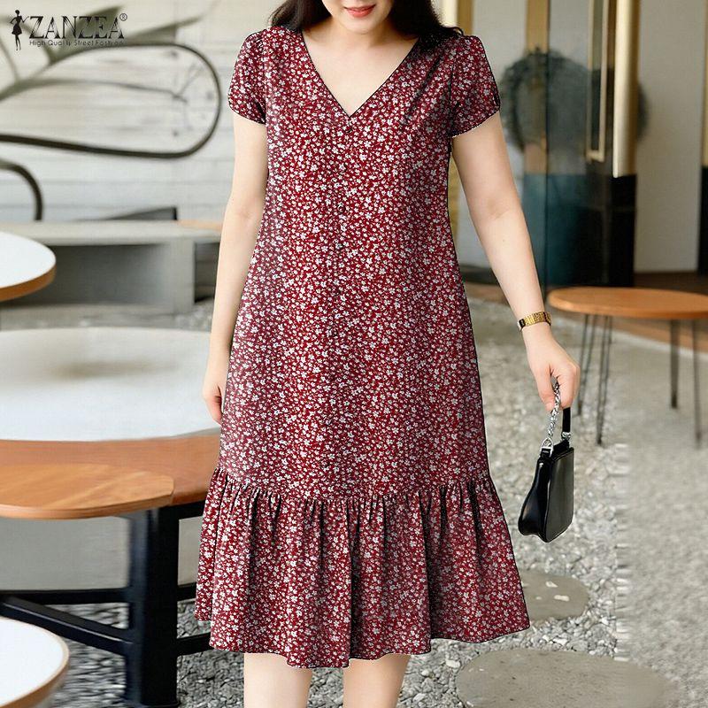 ZANZEA Women Casual V-Neck Floral Print Short Sleeve Dress