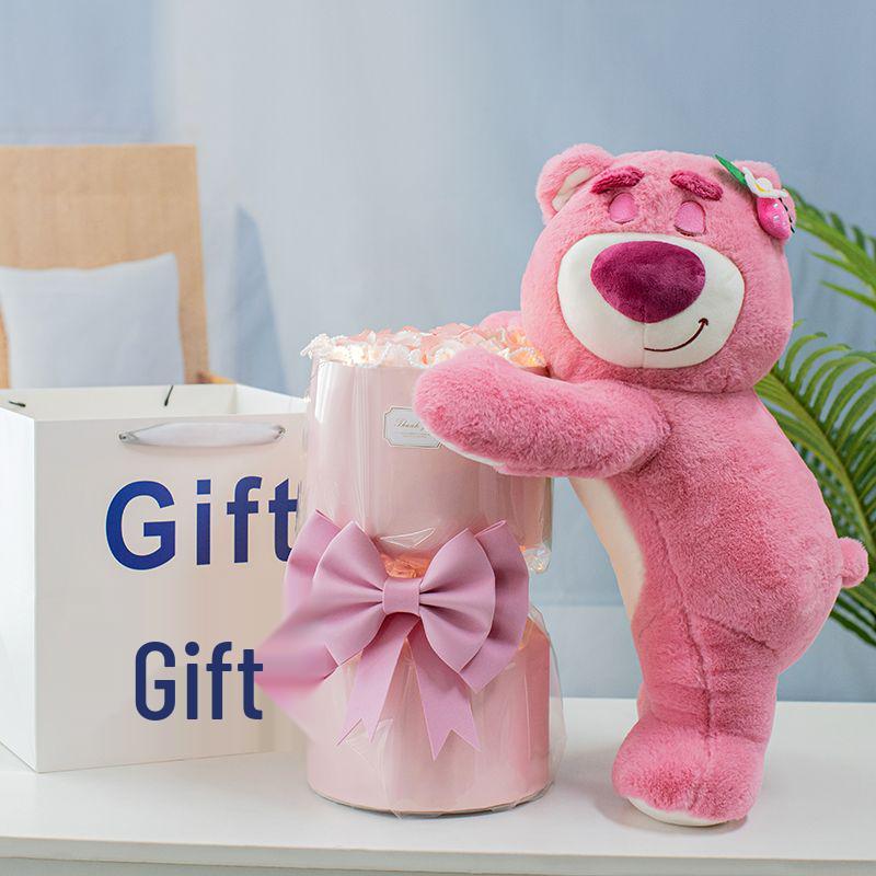 Strawberry Bear Doll & Preserved Rose Bouquet - Soap Flower Gift for Girlfriend