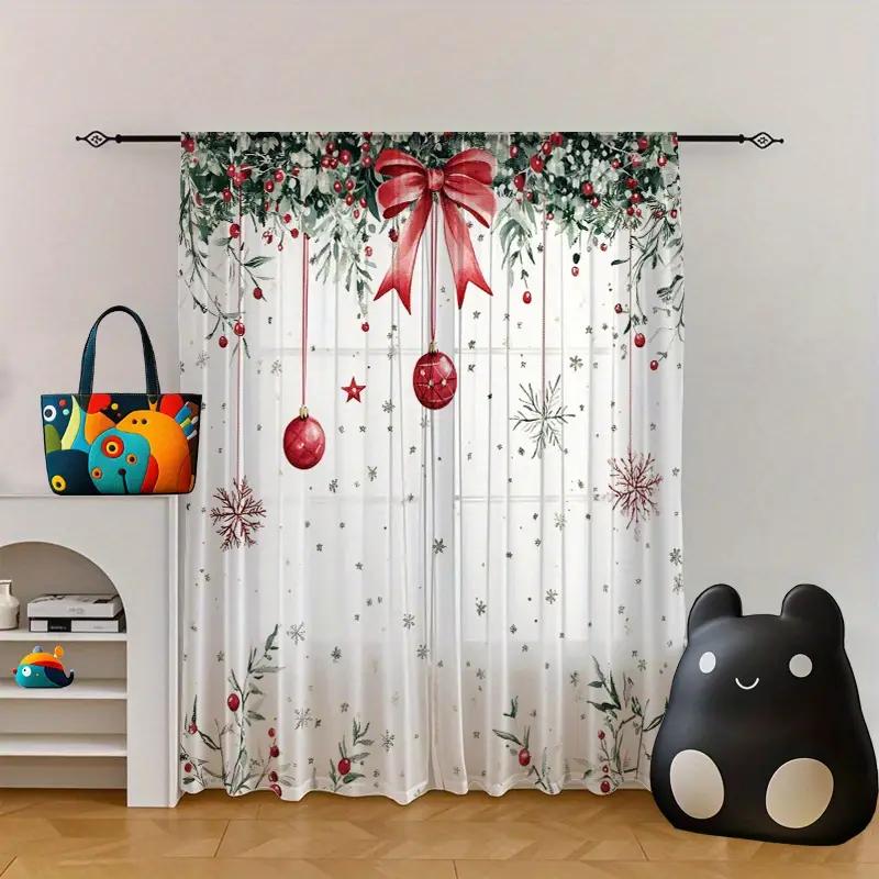 

2pcs Christmas bow snowflake sheer curtains with pole bag design privacy protection suitable for decoration in various scenes 100*130 HOOK 1pcs