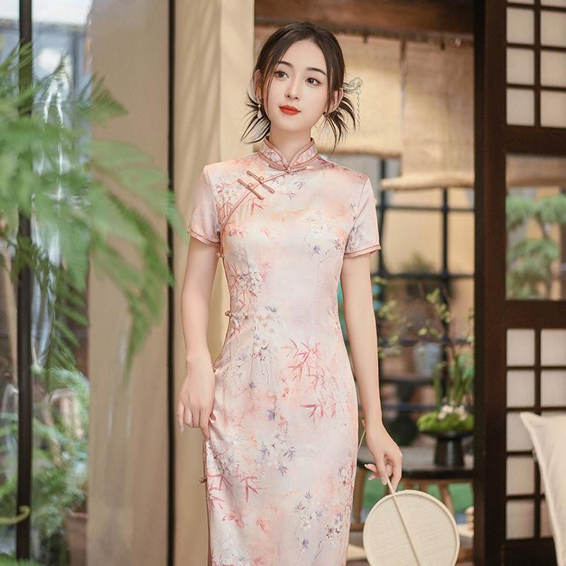 1011 national style summer and autumn new cheongsam dress satin dress retro slim banquet double-layer performance clothes