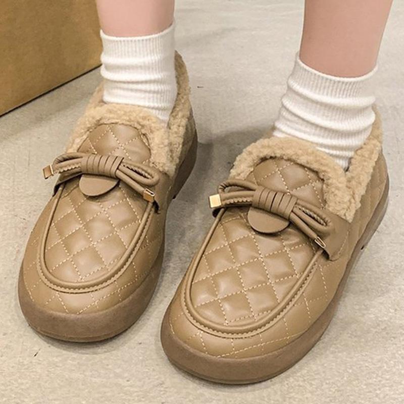 Fashion Pu Leather Snow Boots for Women 2025 Winter Korean Bowknot Detor Plush Booties for Woman Non Slip Keep Warm Snow Boots Lady