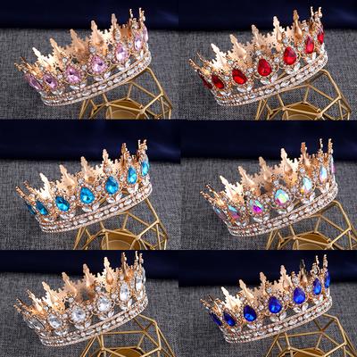 European and American Style Queen's Retro Colorful Crystal Round Large Crown The Same Baroque Princess Wedding Headpiece