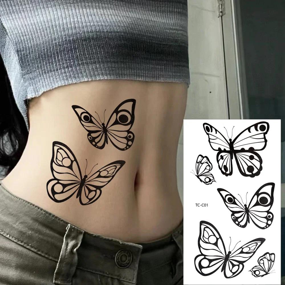 1/6pcs Black Butterfly Fake Tattoo Waterproof Temporary Tattoo Stickers Leg Arm Hand Foot Body Arts Magic Flower Texture Sticker