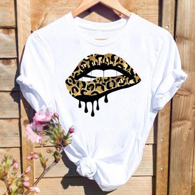 Womens Sexy Leopard Print Lips Graphic TShirt Short Sleeve Harajuku Top Aesthetic ALine Midi Dress Casual Streetwear Modal