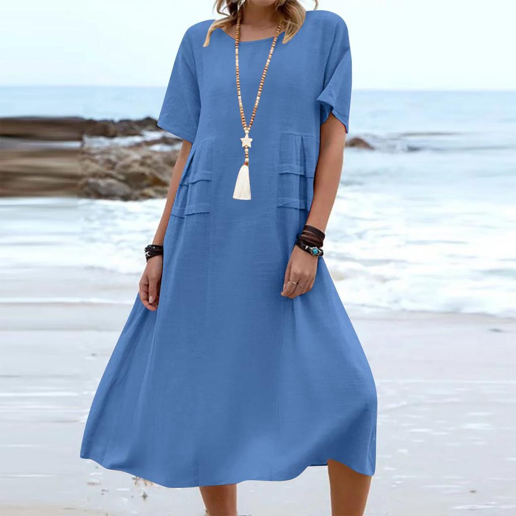 Summer Women's Elegant Long Cotton Dress Round Neck Vacation Loose Short Sleeve Midi Dresses