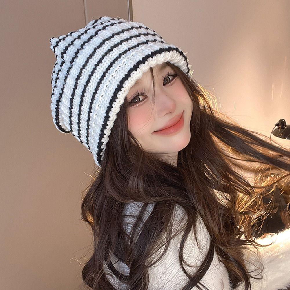 Cuffed Rollup Japanese Beanie Hat Striped Knit Hat Fashion Skull Cap  Unisex