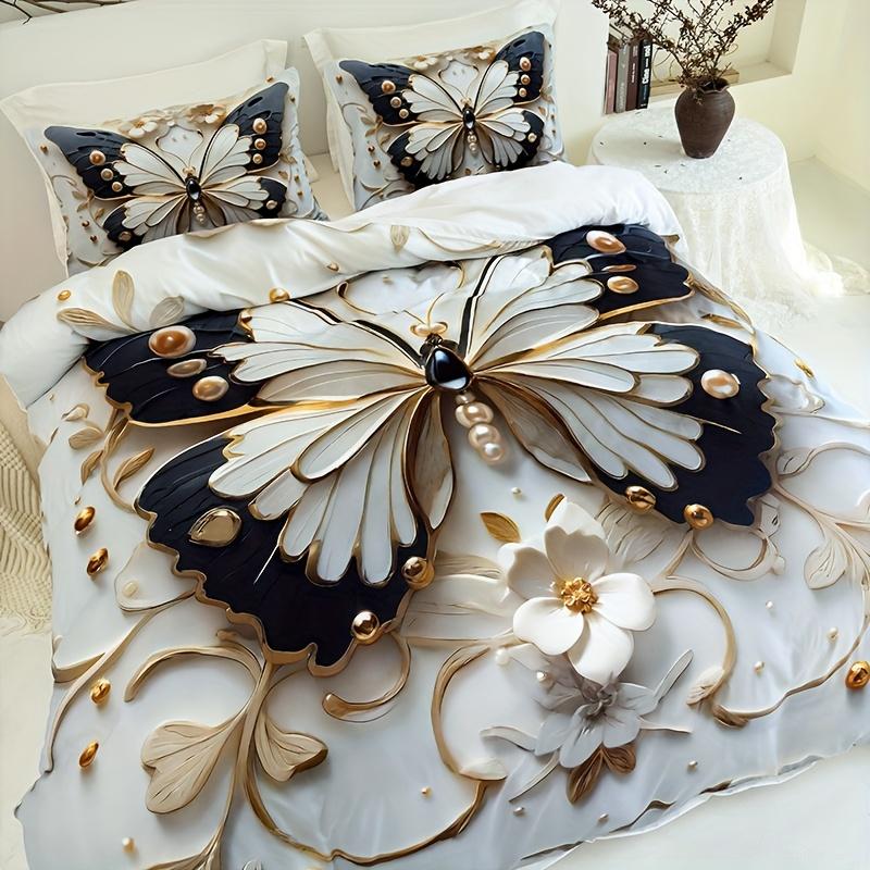 3pcs Butterfly Floral Duvet Cover Set | Animal Print, Insect Theme, Breathable Polyester, All-Season, Machine Washable