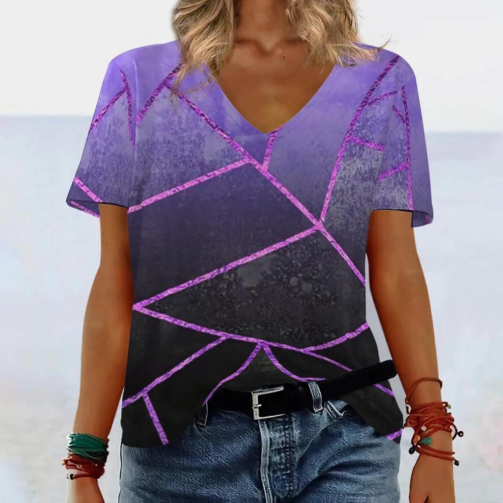 Women's Short Sleeved Fashionable T-shirt with Geometric 3D Printing, Women's V-neck Short Sleeved T-shirt