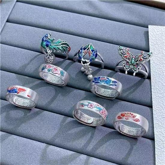 S925 Sterling Silver Cloisonné Enamel Blue Women's Ethnic Tassel Ring