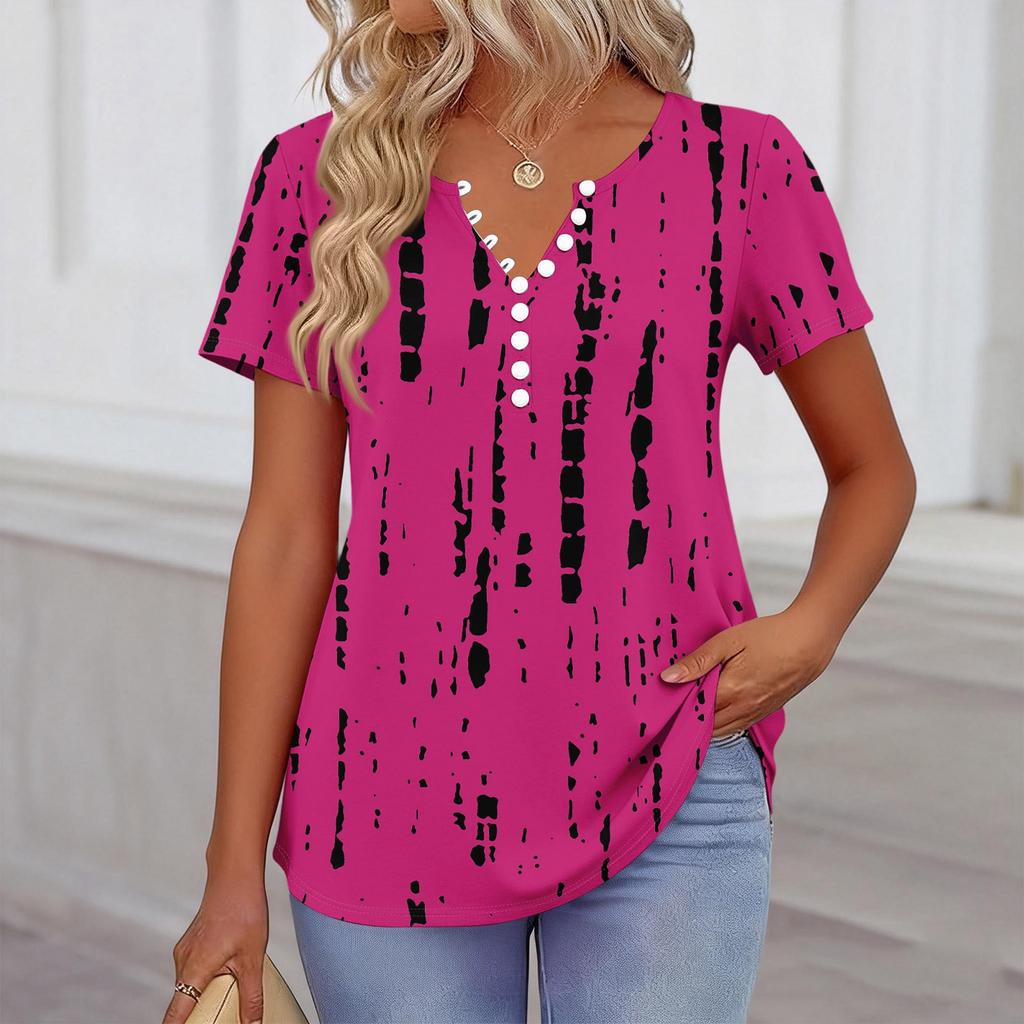 Damen Kurzarm Hemdbluse mit Blumenmuster, Henley-Kragen, Knopfleiste, Lässige lockere Passform, Oberteil für den täglichen Gebrauch und Outdoor-Aktivitäten