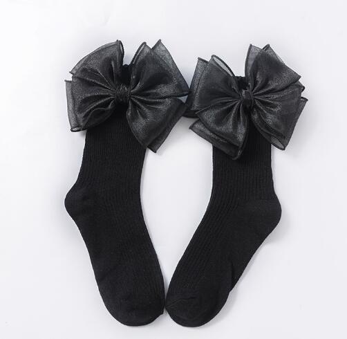 Girls Black Calf Socks Cute Bowknot Pearl Decor Combed Cotton Comfortable Toddler Baby Socks