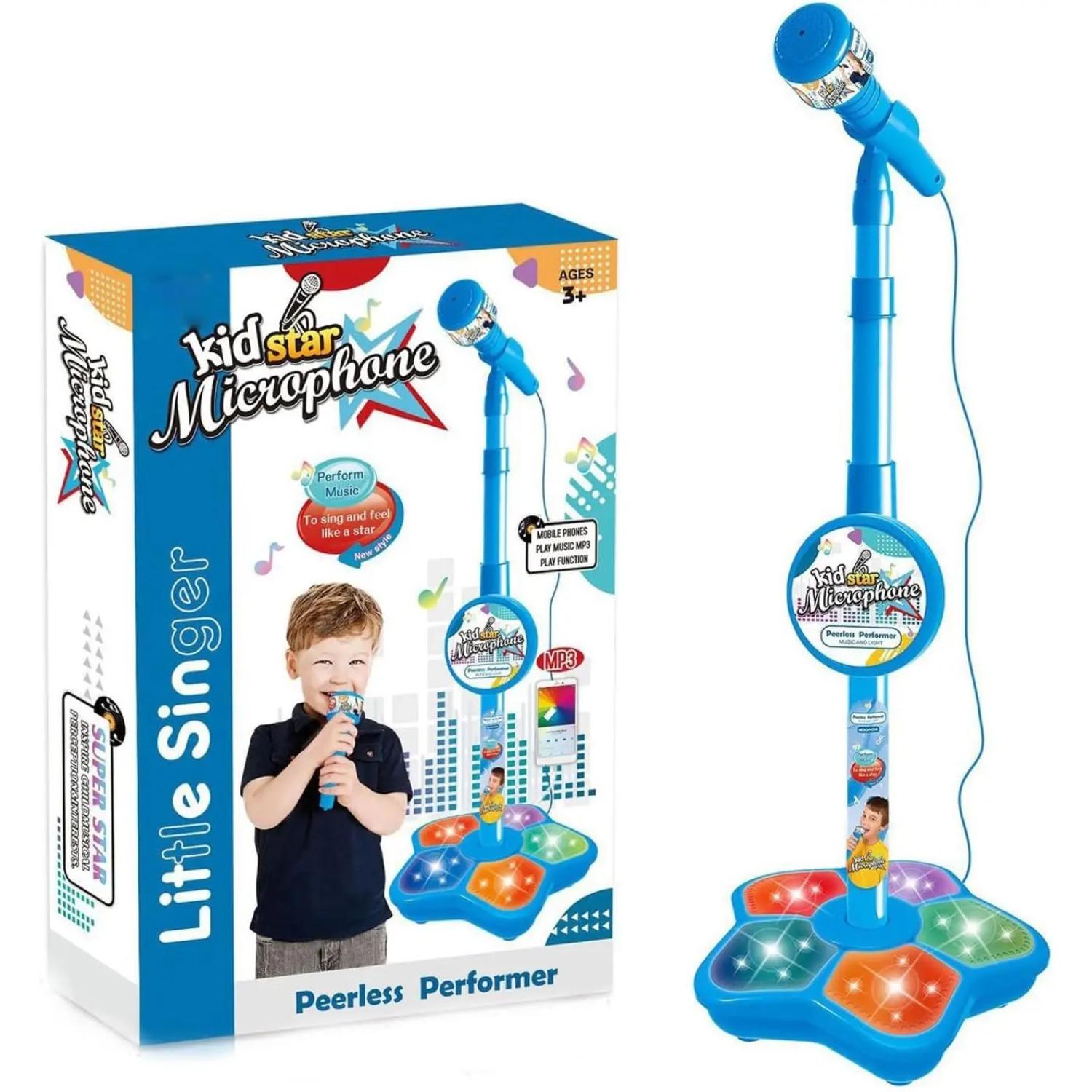 

Детский микрофон и подставка, детский караоке-аппарат для девочек и мальчиков, музыкальная игрушка для пения на вечеринке с мигающими огнями, детский микрофон синий