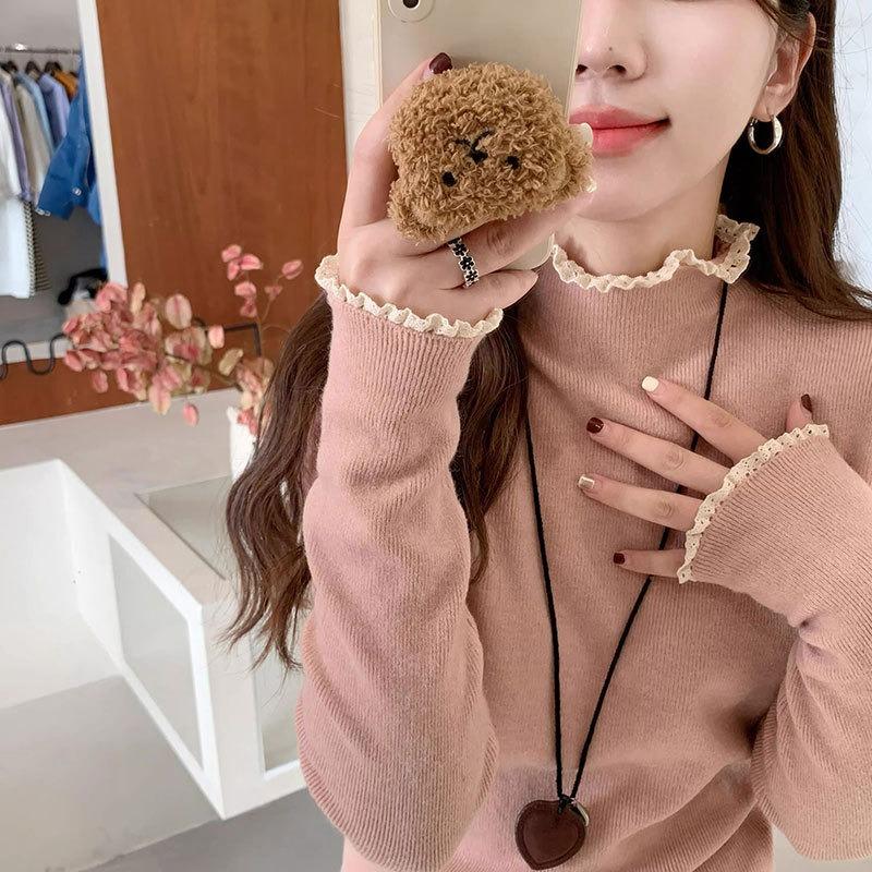 

Spring bright yellow semi-turtleneck knitted bottoming shirt women s slim temperament inner top lace soft waxy sweater L розовый