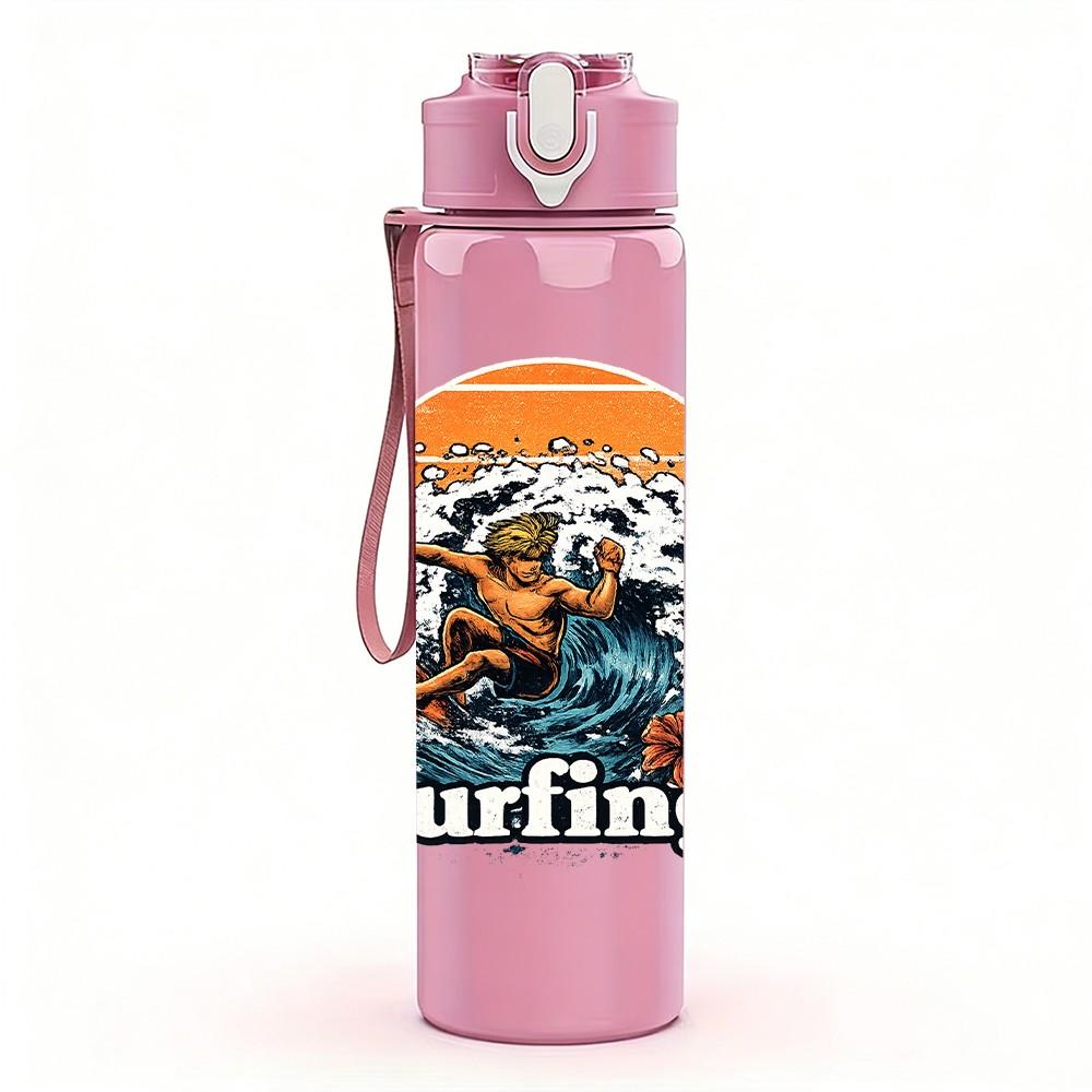 1PC Surfing Man Ocean Wave Retro Print 750ml Color Plastic Sports Water Bottle Leakproof Flip Straw Lid Suitable for Sports Office Home Use