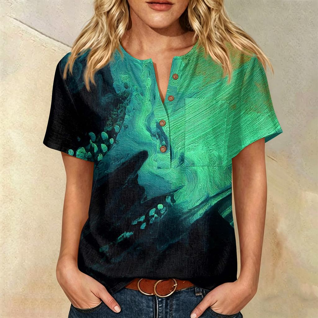 Women's Short Sleeve Linen Cotton Shirt Henley Button Neck Chest Pocket Casual Blouse with Artistic Print Pattern Lightweight Summer Top