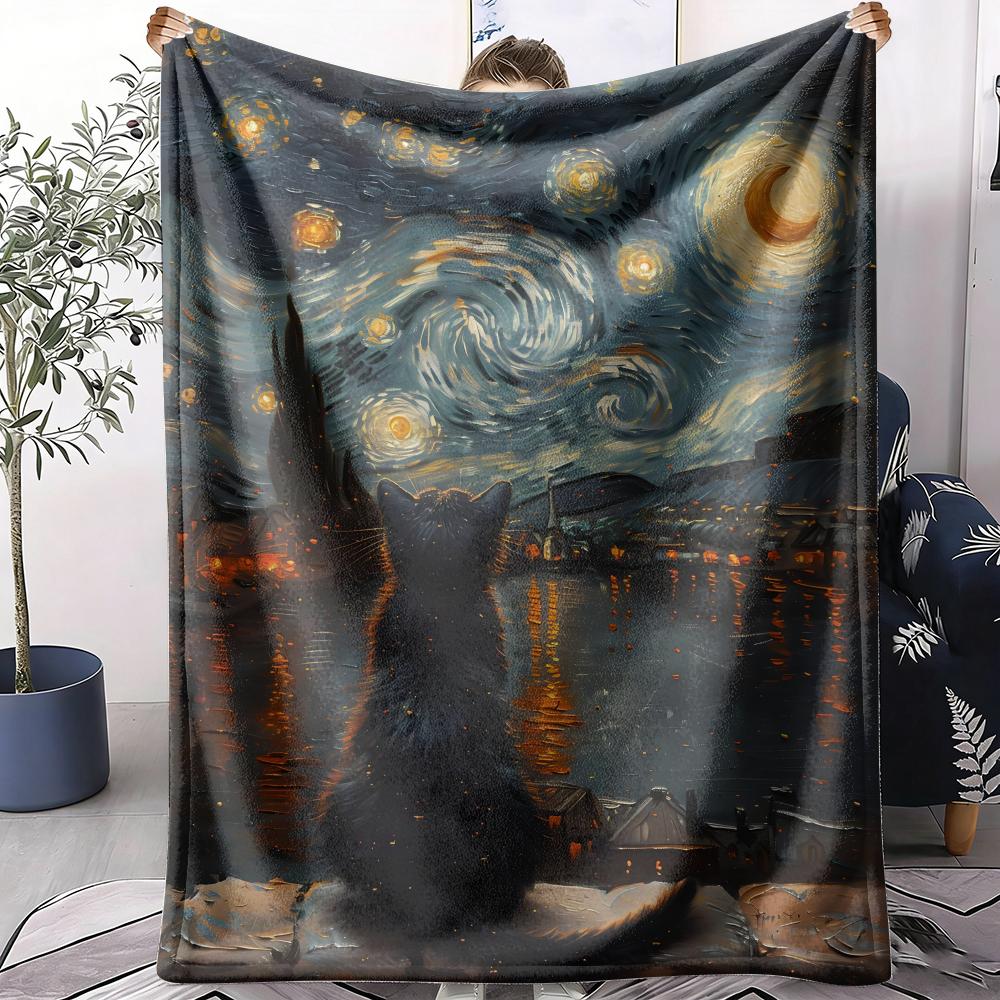 Starry Night And The Cat Throw Soft Flannel AC Blanket Lightweight Summer Nap Throw Cozy  Blanket for Sofa Bed Travel Home