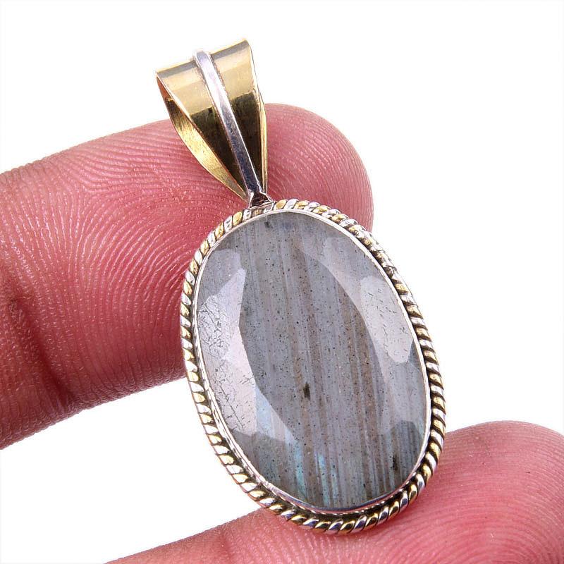 

Natural Labradorite 925 Solid Sterling Silver Jewelry TwoTone Pendant 1.25 q3f55