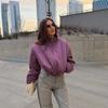 Trendy Purple Satin Bomber Jacket with Stand Collar – Short Cropped Zip-Up Coat for Women Warm Winter Outwear