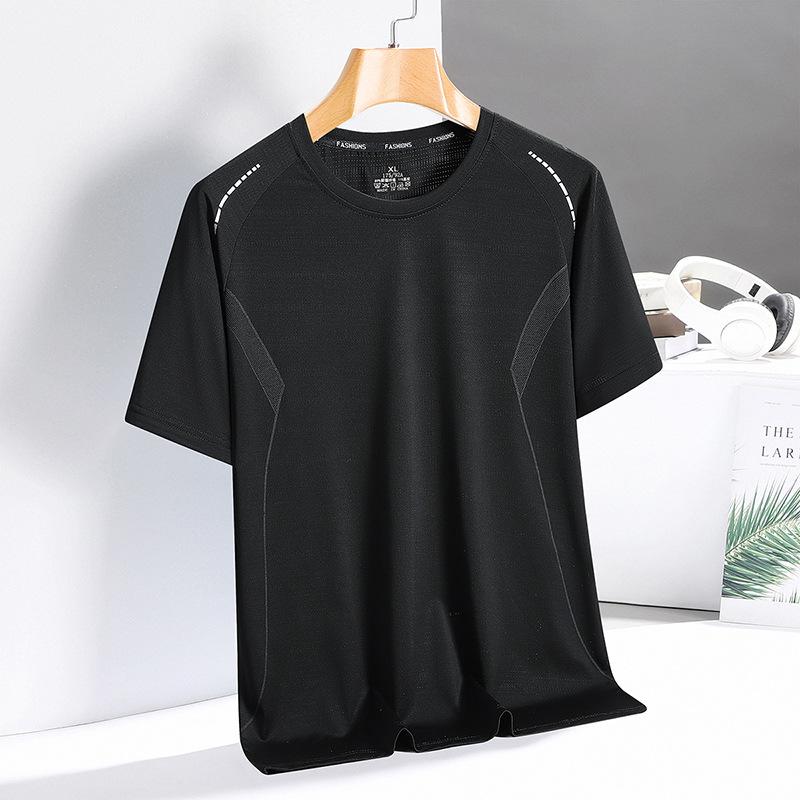 

Футболка из ледяного шелка с круглым вырезом, модная летняя тонкая спортивная быстросохнущая футболка из ледяного шелка, дышащая футболка с короткими рукавами и круглым вырезом L чёрный