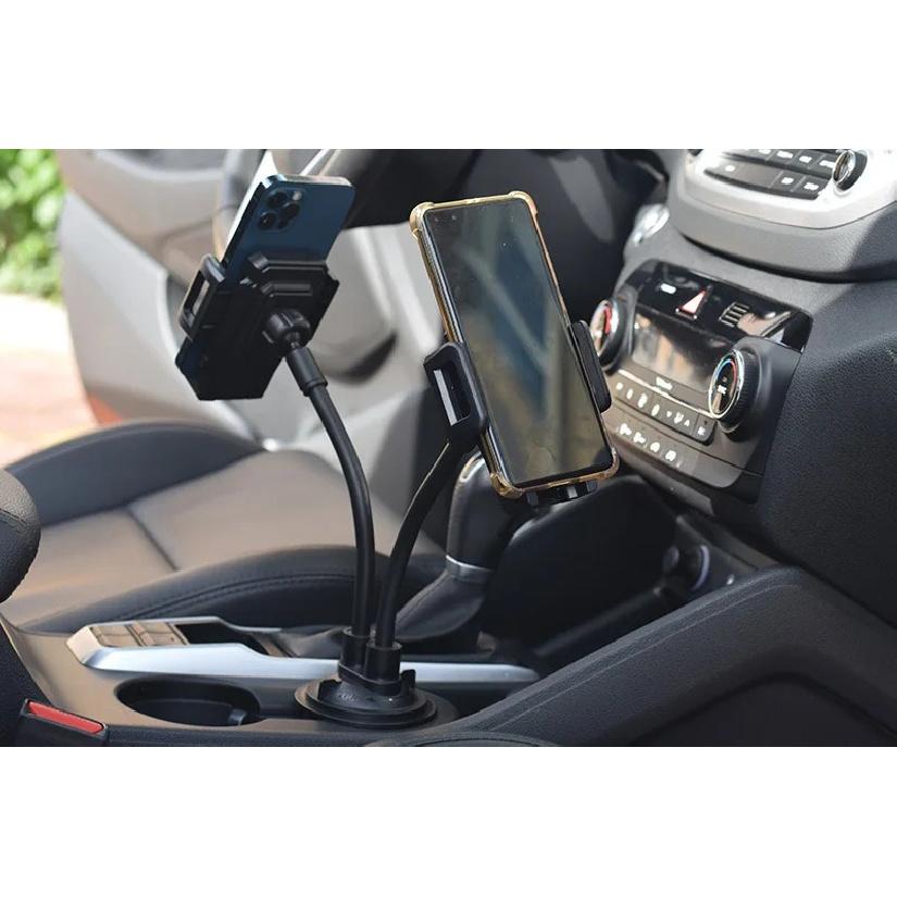 Dual Clamp Car Cup Phone Mount, Flexible Gooseneck 360°Rotatable Bracket Holds Two Smartphones, Universal Auto Cup Slot Stand