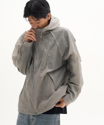 Placestudioman Athletic Cuff String Detail Windbreaker Hooded Jacket [Grey]