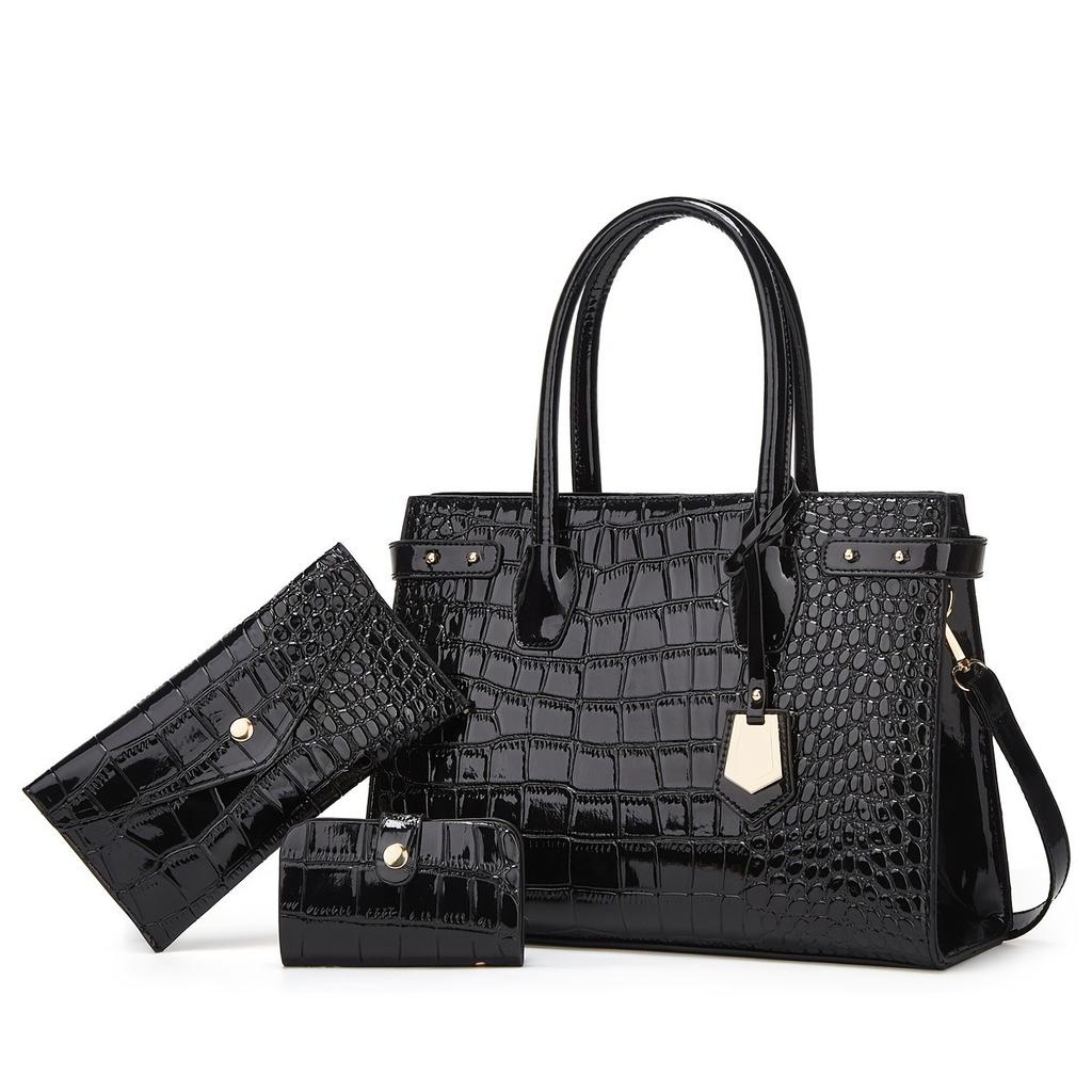 European and American Retro Style New Crocodile Pattern Fashion Women's Bag Trendy Ladies Single Shoulder Crossbody Tote Bag Three-Piece Set