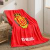 A crowned emblem with yellow circular patterns on a red background. for all seasons blanket lunch break throw gift