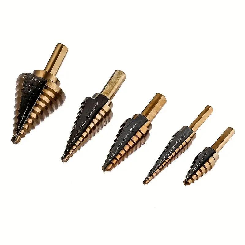 5-Piece Hole Expansion Pagoda Drill Bit Set for Steel Plate Punching with Yellow Triangle Ladder Drill In Aluminum Box.