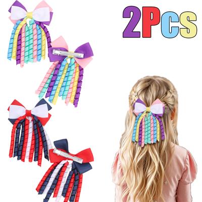 2Pcs Curly Ribbon Hair Clips For Girls Sweet Cute Colorful Tassel Bow Barrette Ponytail Hairpins Children Headdress Accessories