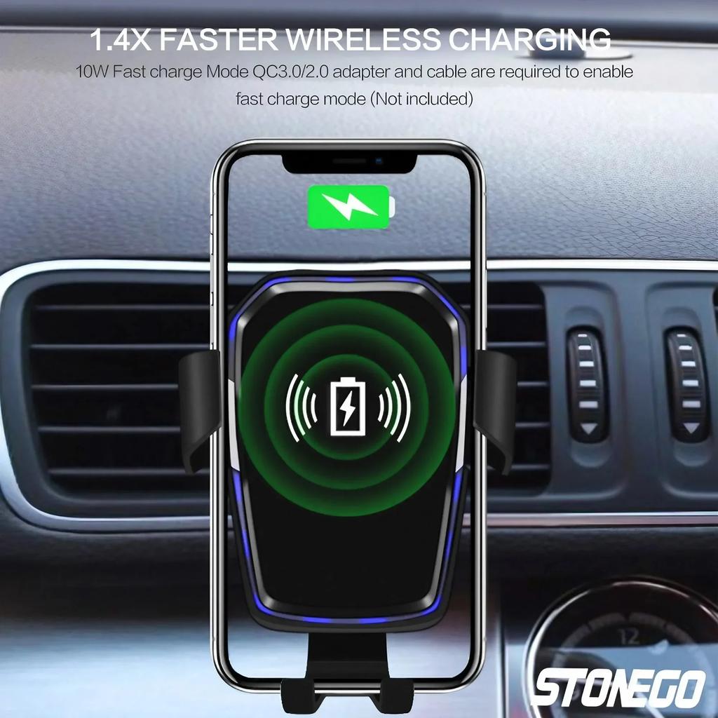 Wireless Car Charger Mount Qi Fast Charging Holder with LED Indicator Auto Clamping Air Vent Grip for Smartphones