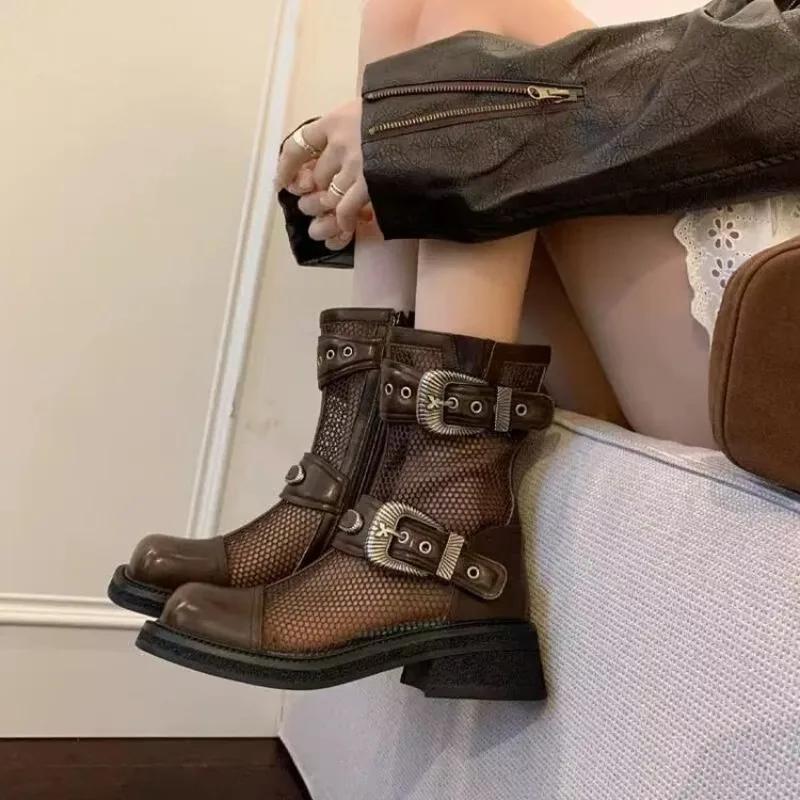 Fashion British Style Mesh Face Leather Buckle Breathable Women's Cool Boots 2025 Summer New