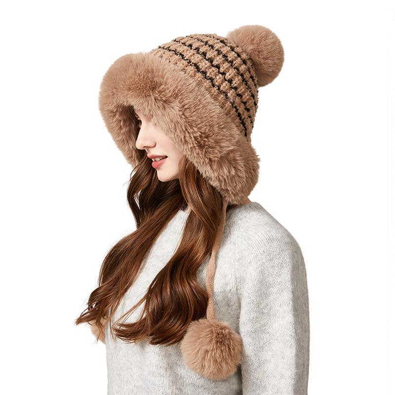 Knitted Hat Winter Big Hair Collar Thick Wool Hat Women's Three Hair Ball Warm Hat