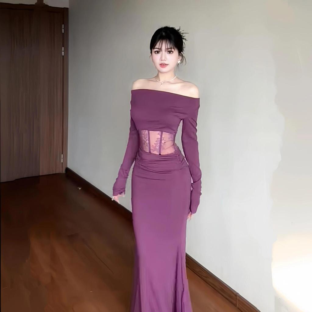 Women's Purple Patchwork Draped Long-Sleeve Bodycon Dress with Mermaid Skirt