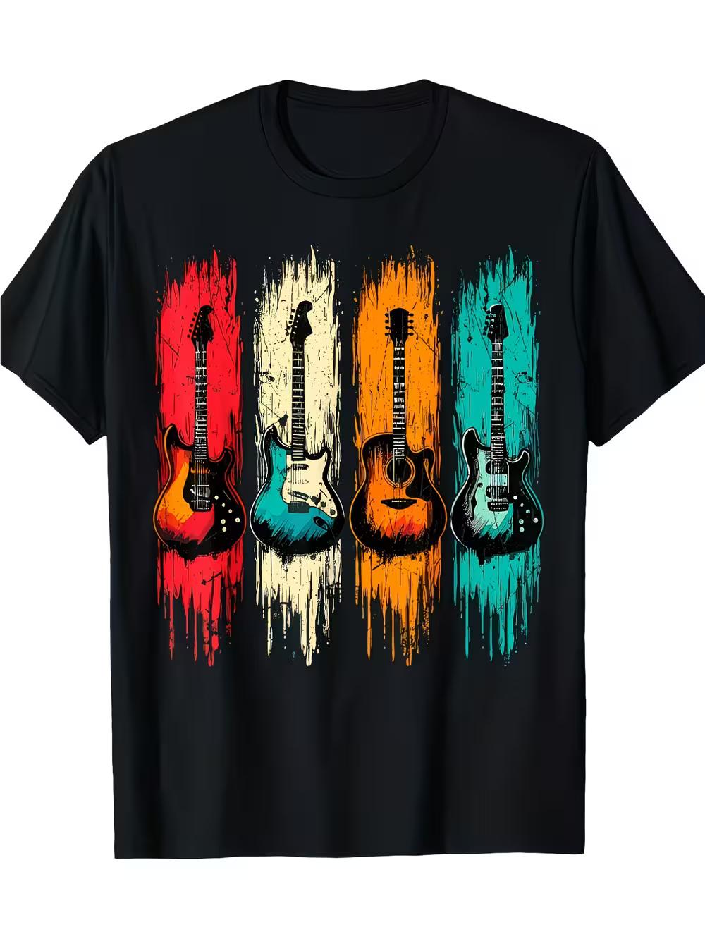Men S Vintage Guitar Graphic T-Shirt | 100% Black Music Tee with Colorful Splash Design S