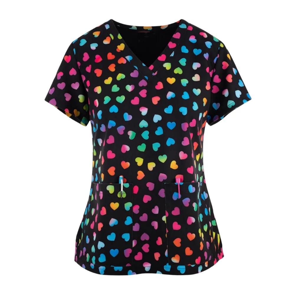 Women's Medical Uniforms Cartoon Pattern Print Dental Nursing Tops Fashion V-Neck Short Sleeve Vet Spa Clinical Uniform Woman