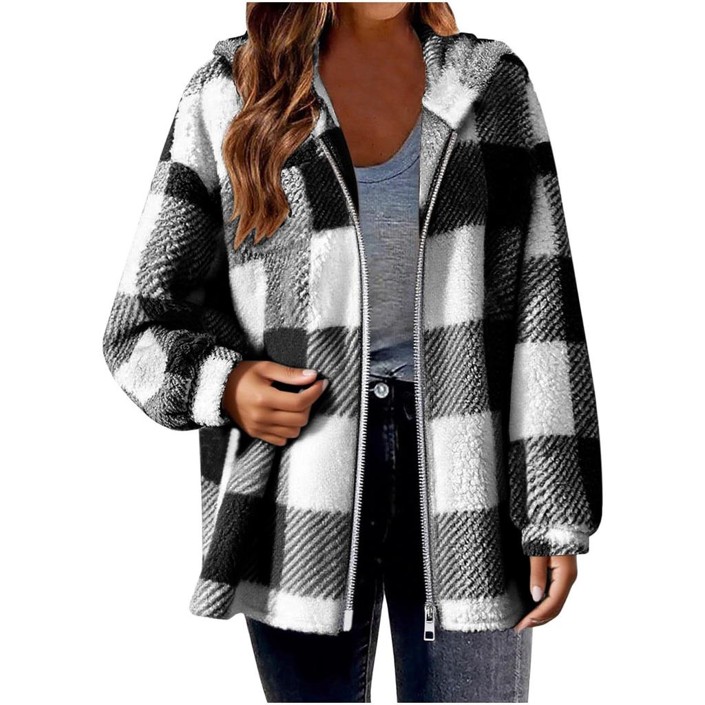 Women's Plaid Zipper Loose Plush Casual Jacket